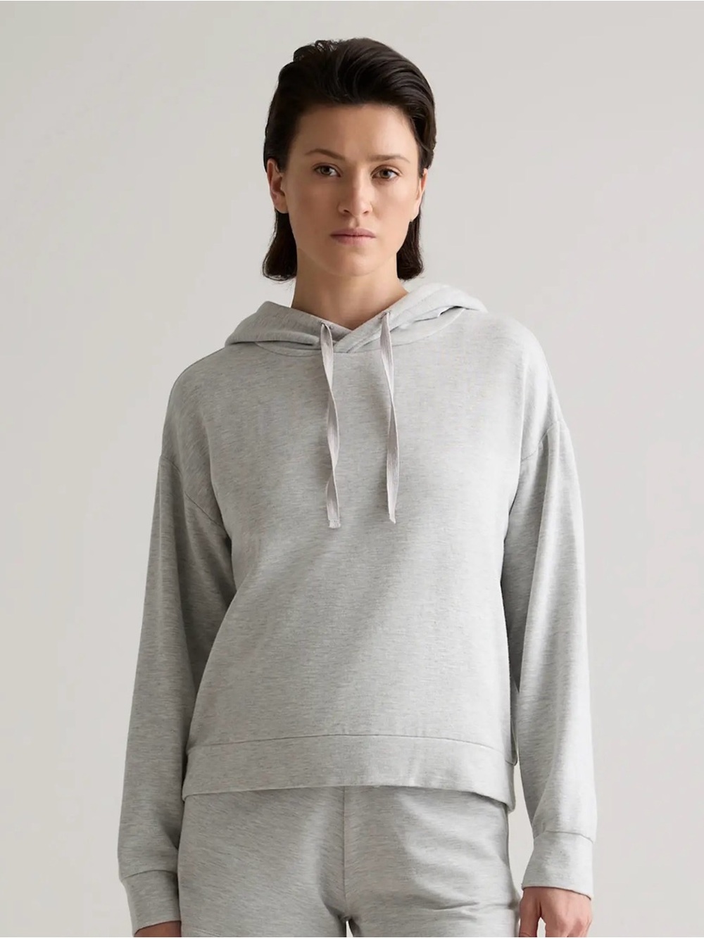Quince SuperSoft Fleece Hoodie and Wide Leg Cropped Pants in Heather Gray